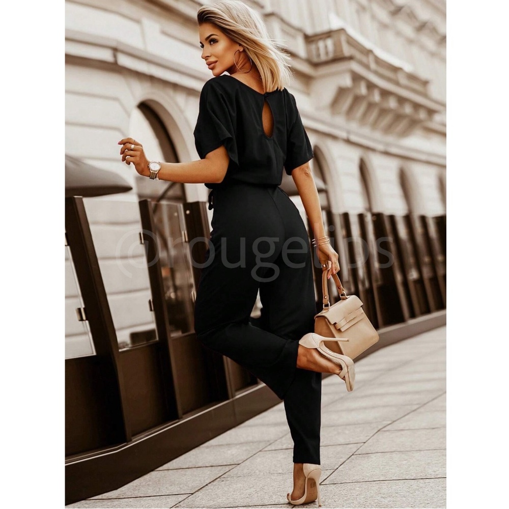 Black Jumpsuit Tie Belt Straight Leg Business Casual Short Sleeve - Picture 6 of 8